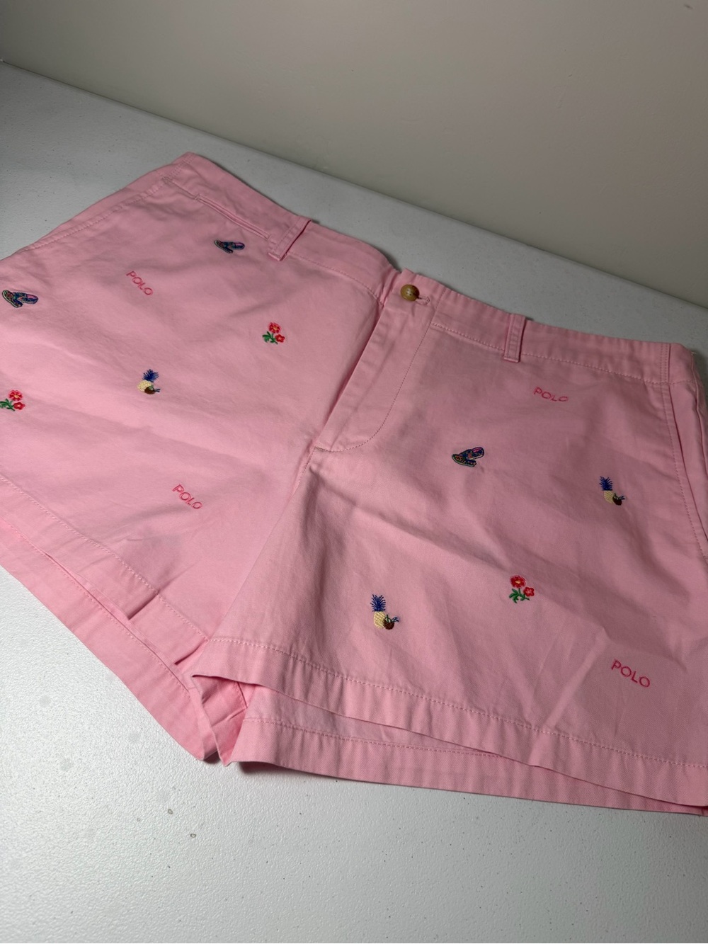 Polo Ralph Lauren Women’s Pink Embroidered Chino Shorts Size 14 Tropical Preppy - Picture 2 of 6